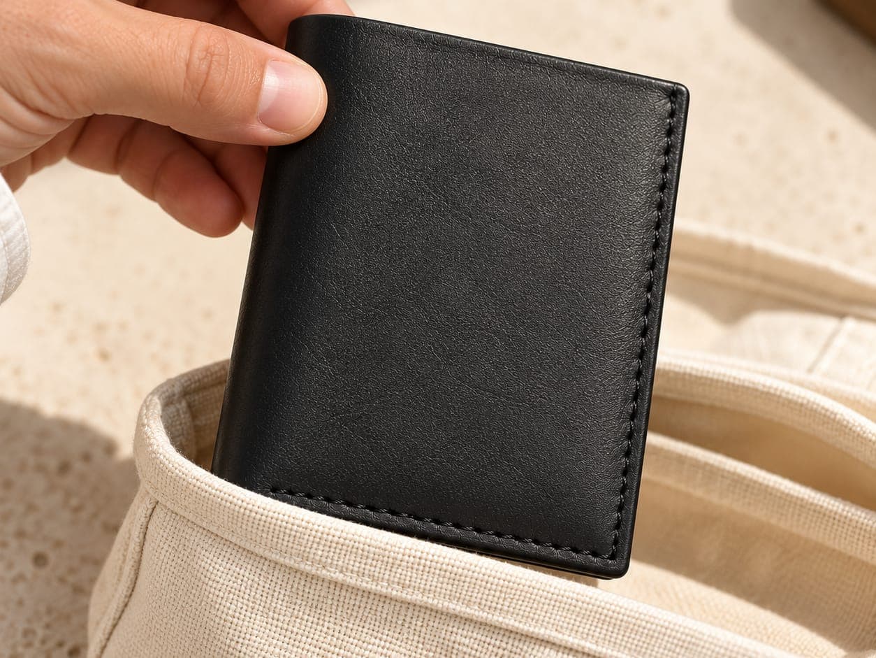 Portefeuille en cuir dans une pochette cadeau